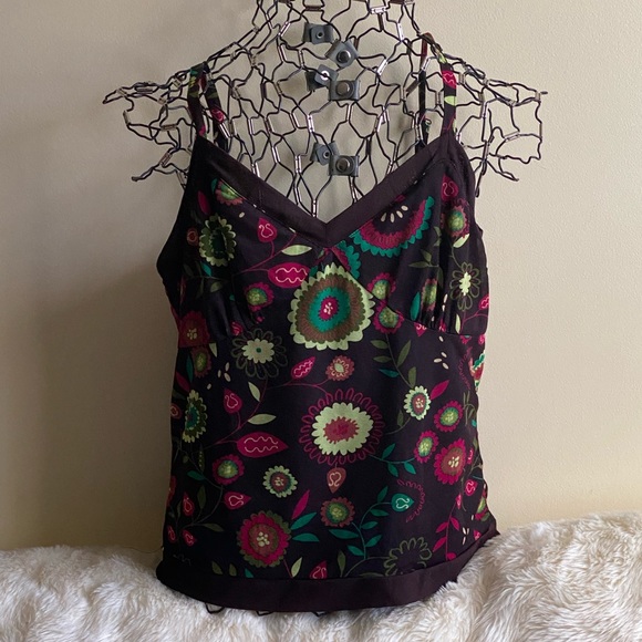 AK Anne Klein Floral Cami Size L Brown, Bright Yellow, Green Pink - Picture 1 of 5